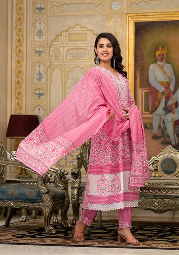 Varanga Women Pink & White Floral Printed Embroidered Anarkali Kurta Paired Wirh Printed Bottom And Dupatta